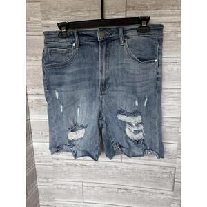 Ripped High-Rise Denim Bermuda Shorts - Blue